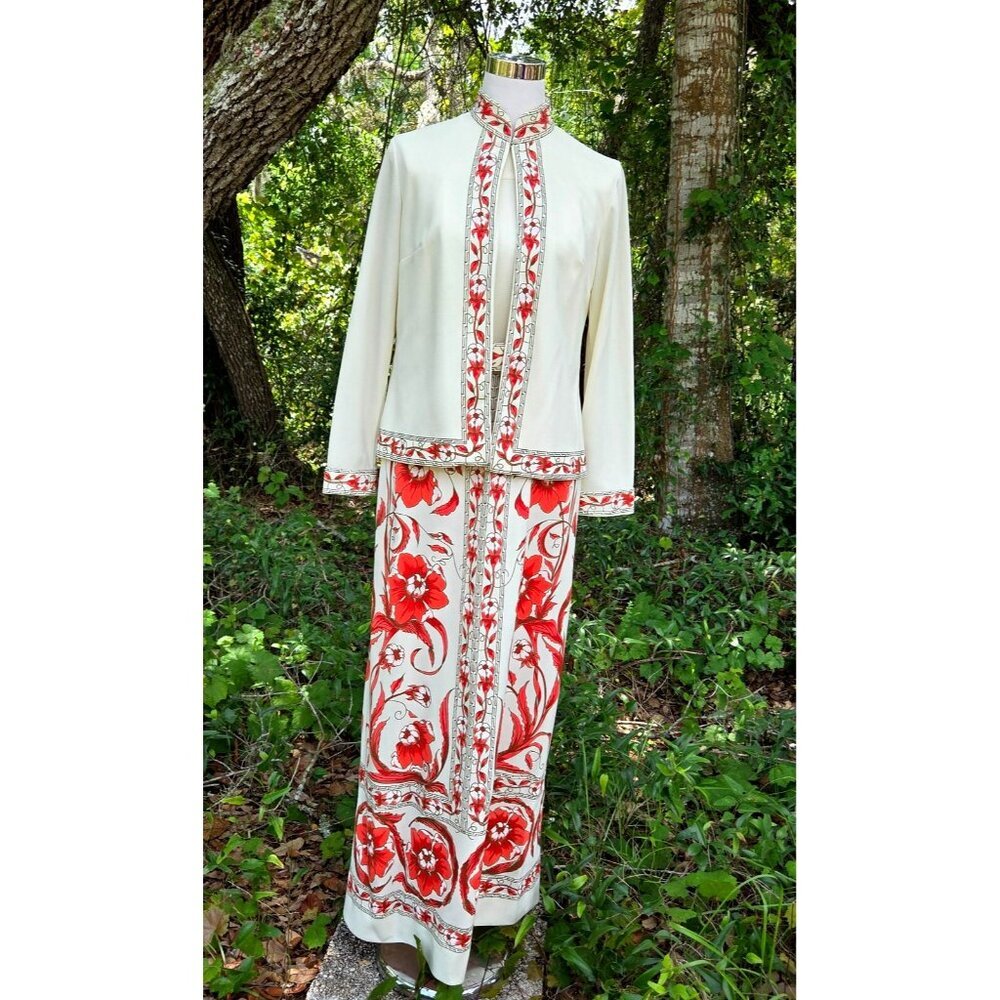 VINTAGE 1960s ALFRED SHAHEEN 2 PIECE JACKET MAXI PAINTED HAWAIIAN‎ DRESS Size 12